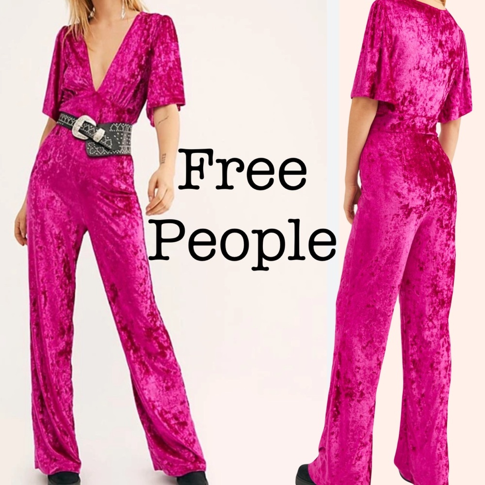 New Free People Nigh Fever Fuchsia Velvet Jumpsuit Size Small